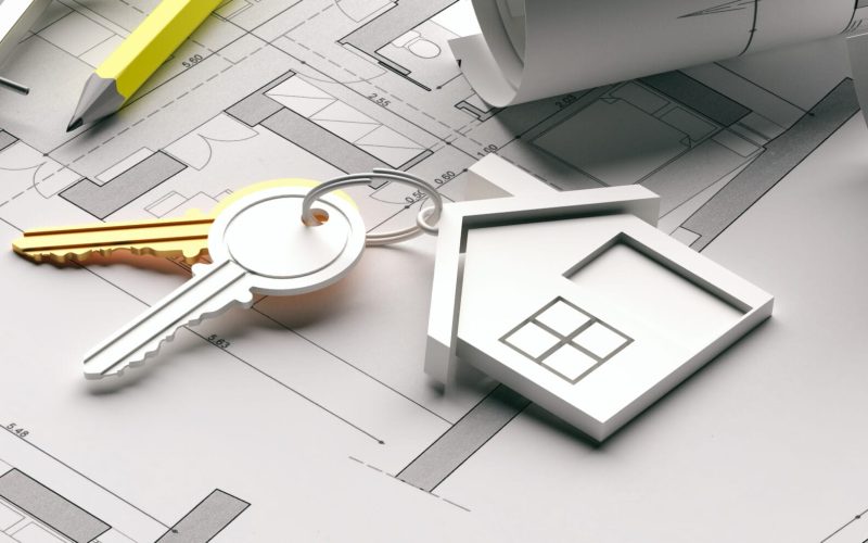 Real estate, housing residential project construction concept, House keys and building blueprint plans, banner. 3d illustration