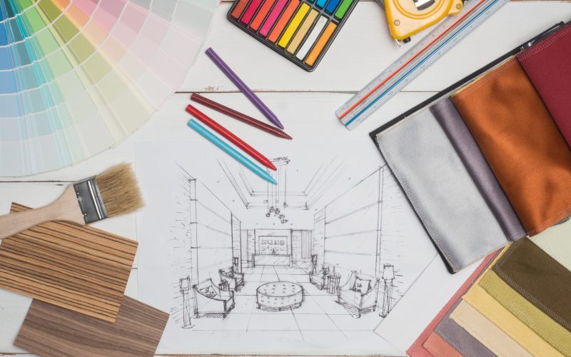 Samples of material, wood , on concrete table.Interior design select material for idea. Decoration idea concept vintage material.